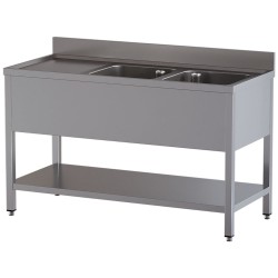 Plonge inox, AISI 304, 2 cuves, égouttoir à gauche, 1400 x 600 x 850 mm Diamond L1421/6D-SS3