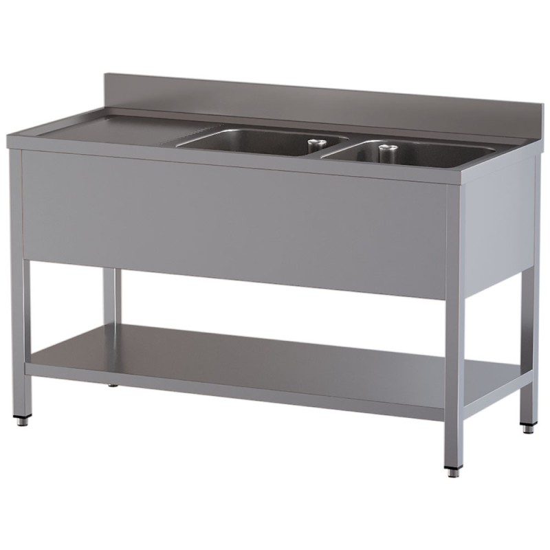 Plonge inox, AISI 304, 2 cuves, égouttoir à gauche, 1400 x 600 x 850 mm Diamond L1421/6D-SS3