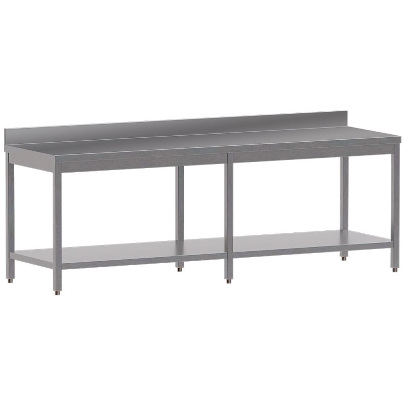Table de travail inox, AISI 304, avec dosseret, avec étagère basse, 2400 x 700 x 850 mm Diamond TL2471D-ST4