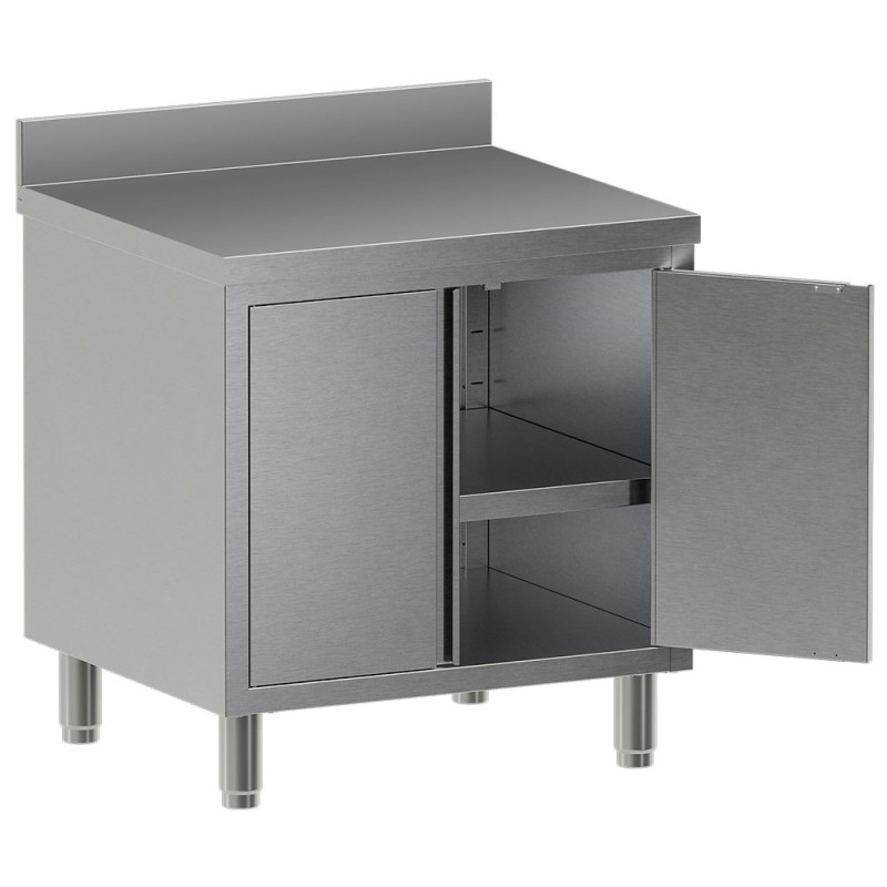 Table armoire inox, AISI 304, avec dosseret, portes battantes Diamond TA87D-SA4