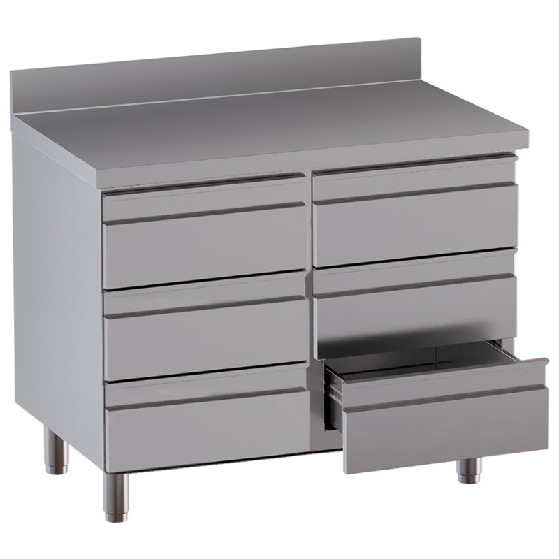 Table armoire inox, AISI 304, avec dosseret, 6 tiroirs Diamond TACS107D-SA8