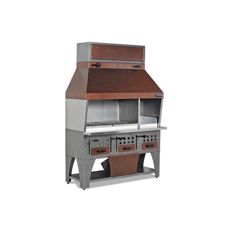 Barbecue à charbon de bois avec auvent sur armoire avec tiroirs à charbon - L 1600 mm