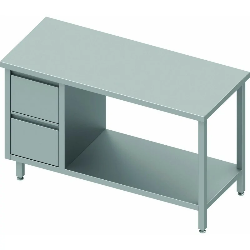 Table Inox centrale avec 2 tiroirs à droite avec étagère intermédiaire - Gamme 700
