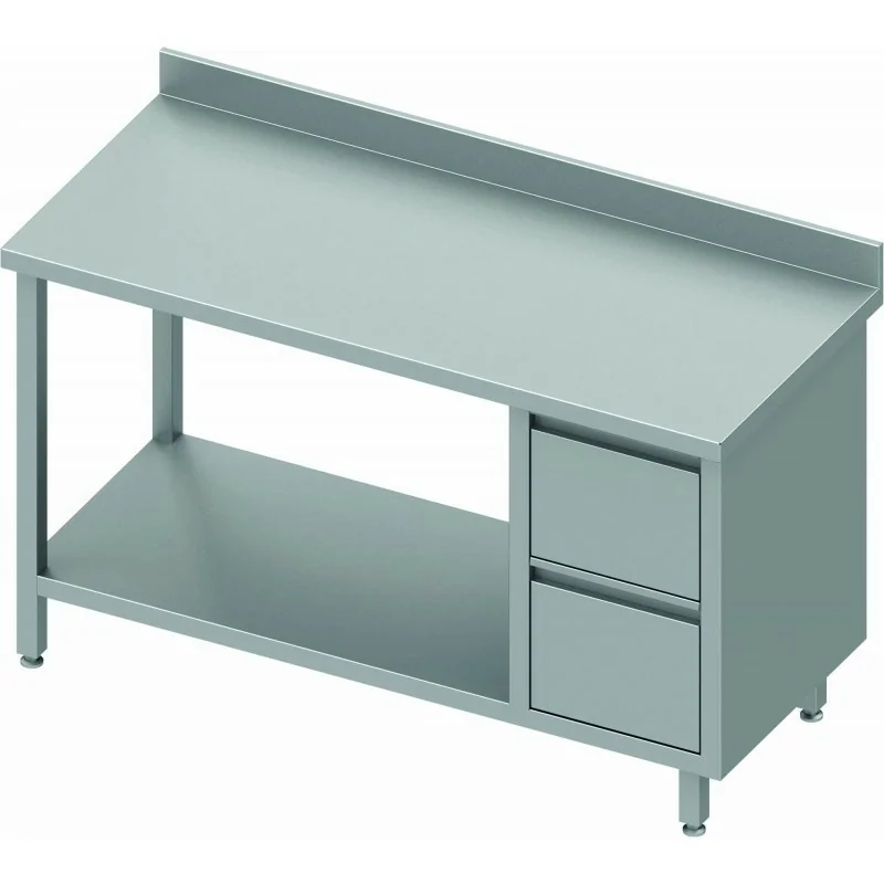 Table Inox centrale avec 2 tiroirs à droite et étagère intermédiaire - Gamme 600