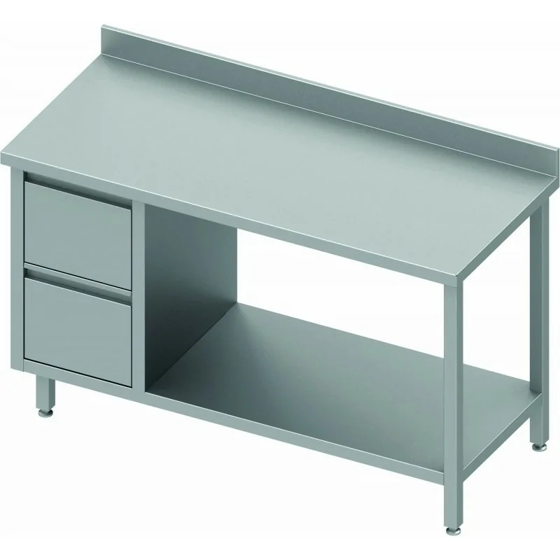 Table Inox centrale avec 2 tiroirs à gauche et étagère intermédiaire - Gamme 600