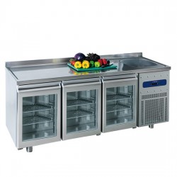 Table réfrigérée 700 mm avec 2 portes en verre, évier 35x40x20h cm à droite et dosseret, -2°/+8°C