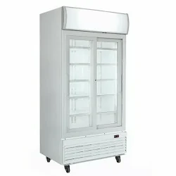 Vitrine freezer verticale 100 litres avec 2 portes battantes et panneau publicitaire, -18°/-22°C