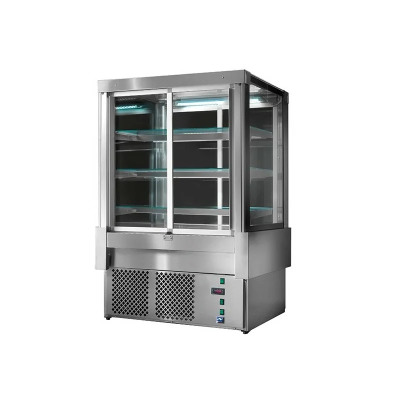 Comptoir réfrigéré ventilée avec 4 portes coulissantes et 3 étagères, +3°/+5°C, l : 900 - RAL9005