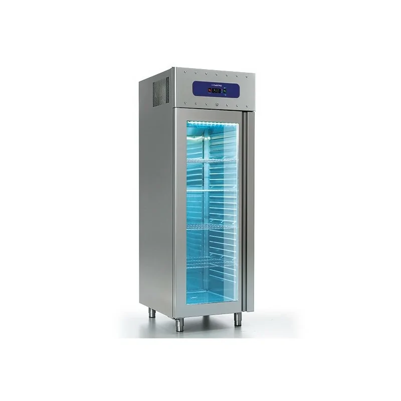 réfrigérateur 700 litres en inox avec porte en verre, GN 2/1, -2°/-8°C, 85 mm isolation
