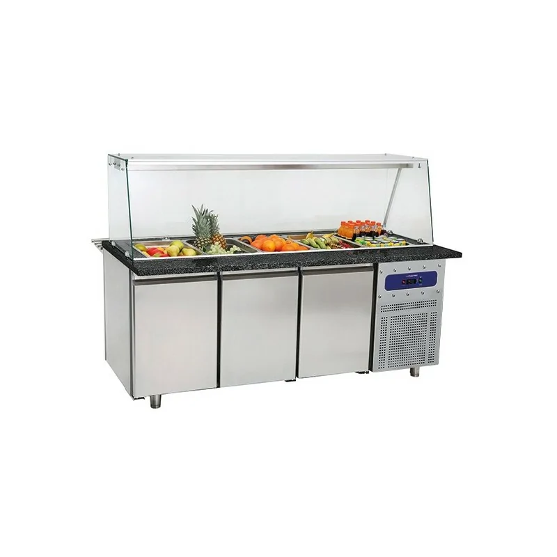 table de préparation réfrigérée avec 3 portes et structure en verre, 5x GN 1/1 h : 150 mm