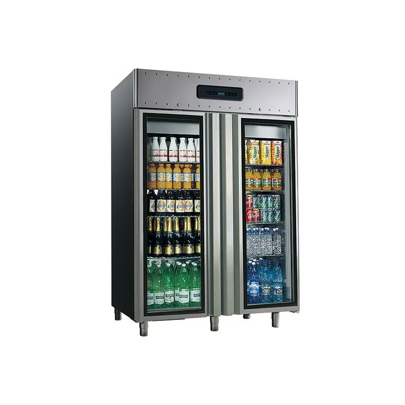 Réfrigérateur 1400 litres en inox avec portes en verre, GN 2/1, -2°/+8°C, isolation 85 mm