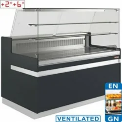 Comptoir vitrine réfrigéré EN & GN, vitre basse, 2 étagères, ventilé, sans réserve - modèle 2100 mm