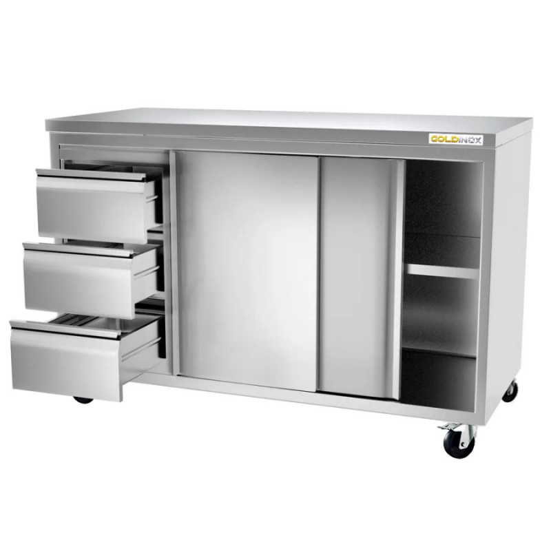 Meuble Bas Inox Royal Catering 180x70cm - 3 Tiroirs, Portes Coulissantes - Capacité 600 Kg