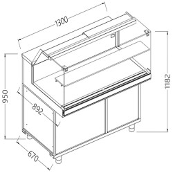 Comptoir vitrine chauffante ""à sec"" EN & GN, vitre basse, statique, sans réserve dim. 1300x890xh1180
