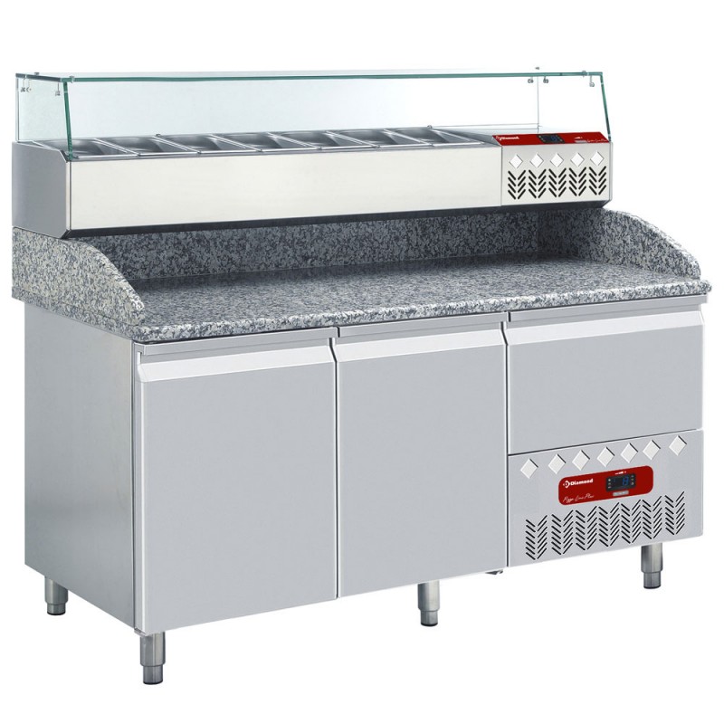 Table à pizza réfrigérée tropicalisé 2 portes 600x400 un tiroir + saladette à ingrédient Table à pizza réfrigérée tropicalisé 2 portes 600x400 un tiroir + saladette à ingrédient