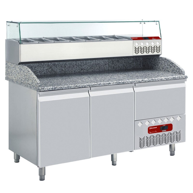 Table à pizza réfrigérée tropicalisé 2 portes 600x400 un tiroir + saladette à ingrédient Table à pizza réfrigérée tropicalisé 2 portes 600x400 un tiroir + saladette à ingrédient