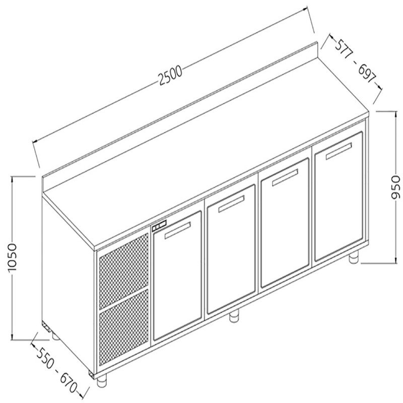 Meuble arrière neutre avec 4 portes et dosseret - 2500x550x1050 mm - NLV25X/5 Meuble arrière neutre avec 4 portes et dosseret - 2500x550x1050 mm - NLV25X/5