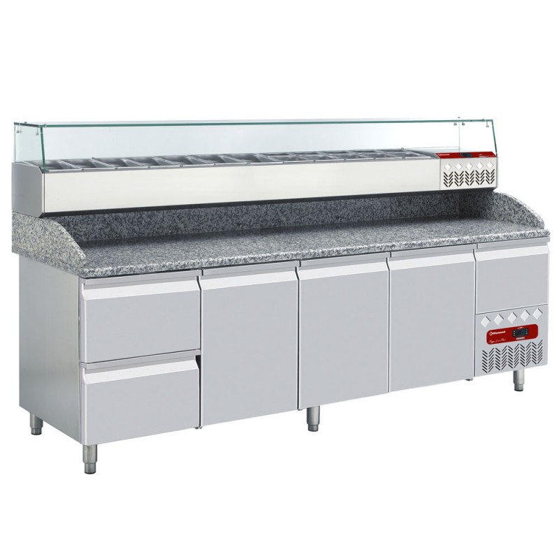 Table à pizza réfrigérée tropicalisé 3 portes et 2 tiroirs 600x400 un tiroir neutre + saladette Table à pizza réfrigérée tropicalisé 3 portes et 2 tiroirs 600x400 un tiroir neutre + saladette