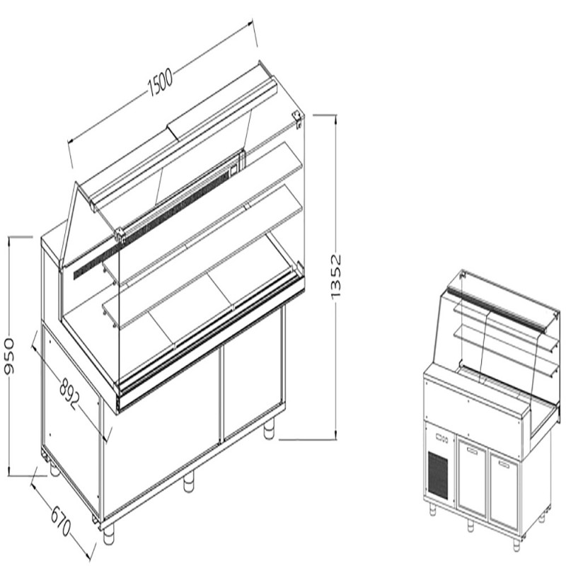 Vitrines réfrigérées ventilées pour les snacks vitres hautes groupe à distance avec réserve - 1500x892x1382 mm Vitrines réfrigérées ventilées pour les snacks vitres hautes groupe à distance avec réserve - 1500x892x1382 mm