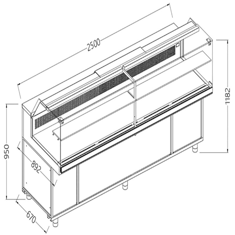 Vitrines réfrigérées statiques pour les snacks vitres basses groupe à distance avec réserve - 2500x892x1182 mm Vitrines réfrigérées statiques pour les snacks vitres basses groupe à distance avec réserve - 2500x892x1182 mm