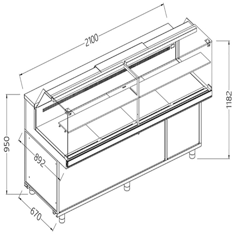 Vitrines réfrigérées ventilées pour les snacks vitres basses groupe à distance avec réserve - 2100x892x1182 mm Vitrines réfrigérées ventilées pour les snacks vitres basses groupe à distance avec réserve - 2100x892x1182 mm