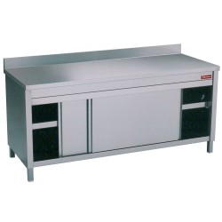 Table en acier inoxydable avec portes coulissantes et dosseret incliné - 1400x700x880/900mm