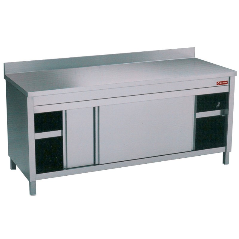 Table en acier inoxydable avec portes coulissantes et tablette réglable Table en acier inoxydable avec portes coulissantes et tablette réglable