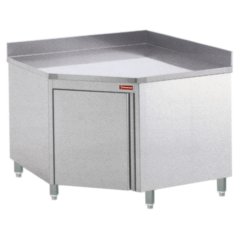 Table sur armoire neutre à angle 90° en acier inoxydable avec tablette amovible et porte battante Table sur armoire neutre à angle 90° en acier inoxydable avec tablette amovible et porte battante