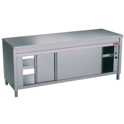 Table chauffante traversante centrale en acier inoxydable avec régulation thermostatique et portes coulissantes