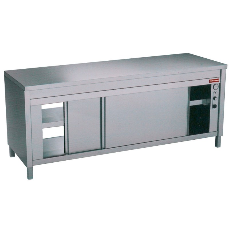 Table chauffante traversante centrale en acier inoxydable avec régulation thermostatique et portes coulissantes