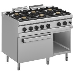 Fourneau à gaz professionnel 6 feux avec four GN 2/1 et armoire inox