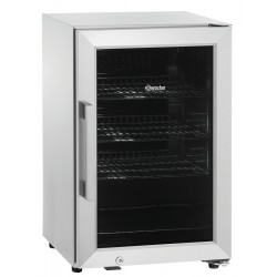 Réfrigérateur compact avec porte en verre, dimensions 430x555x675 mm.