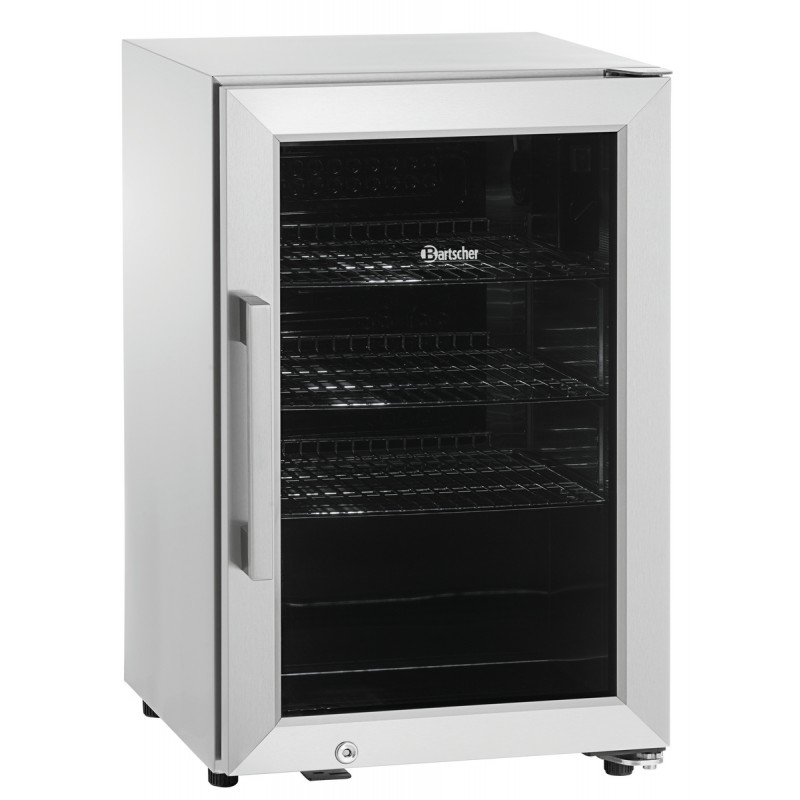 Réfrigérateur compact avec porte en verre, dimensions 430x555x675 mm.