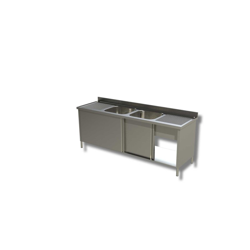 Plonge sur placard fermé porte coulissante égouttoir à droite et à gauche Dim : 240 x 60 x 85 cm Plonge sur placard fermé porte coulissante égouttoir à droite et à gauche Dim : 240 x 60 x 85 cm