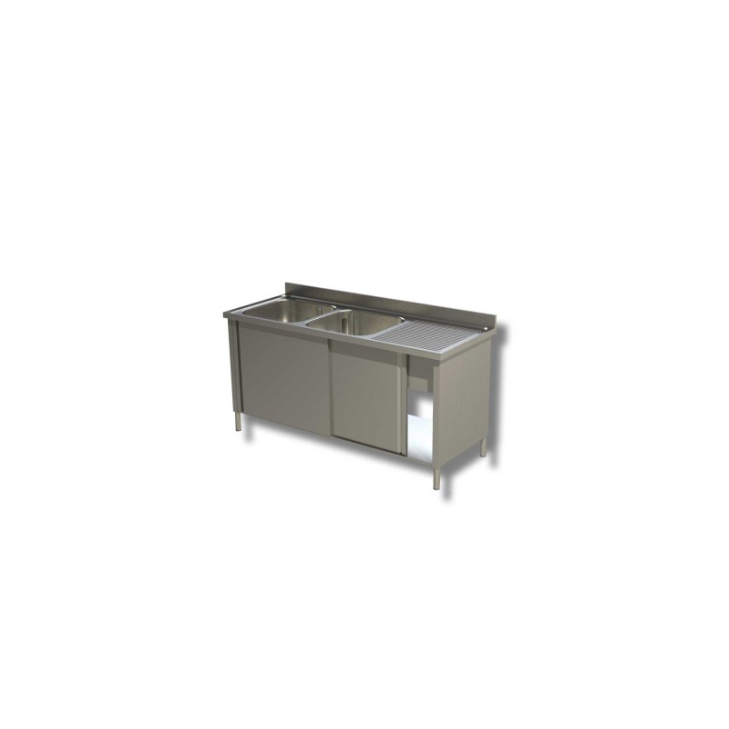 Plonge sur placard fermé porte coulissante - 2 bacs à gauche égouttoir à droite Dim : 200 x 70 x 85 cm Plonge sur placard fermé porte coulissante - 2 bacs à gauche égouttoir à droite Dim : 200 x 70 x 85 cm