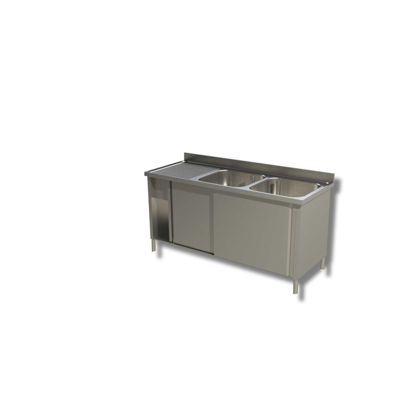 Plonge sur placard fermé porte coulissante - 2 bacs à droite égouttoir à gauche Dim : 200 x 70 x 85 cm Plonge sur placard fermé porte coulissante - 2 bacs à droite égouttoir à gauche Dim : 200 x 70 x 85 cm