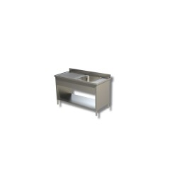 Plonge Inox sur placard de rangement ouvert  - 1 bac à droite égouttoir à gauche  Dim : 140  x  70  x  85  cm