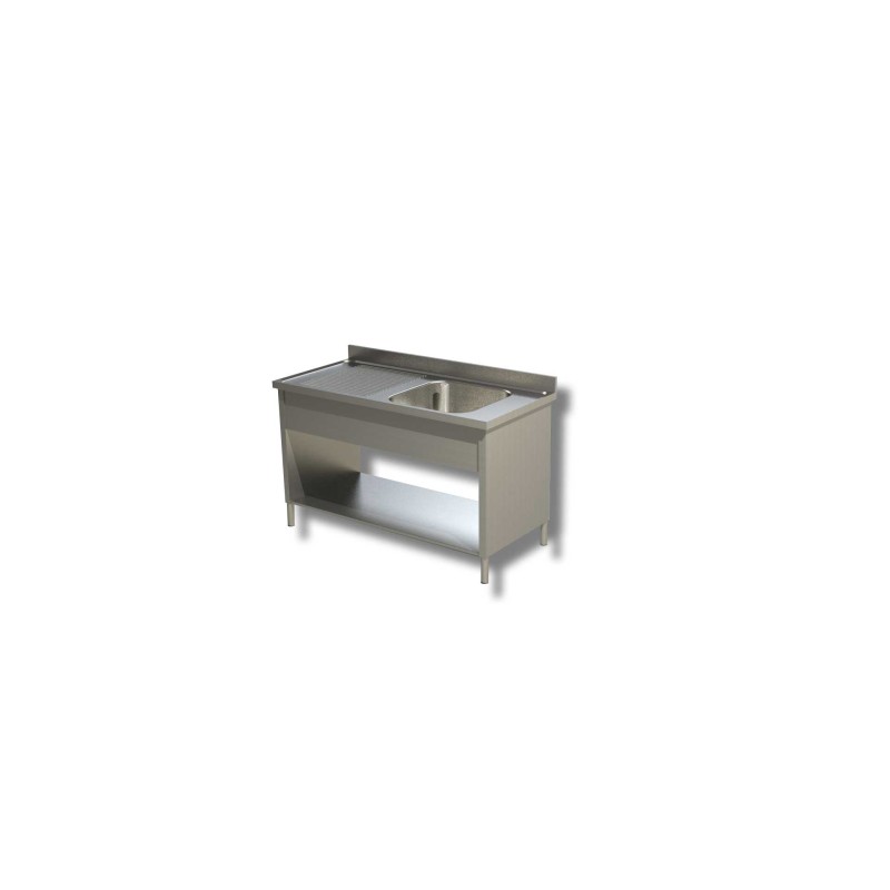 Plonge Inox sur placard de rangement ouvert - 1 bac à droite égouttoir à gauche Dim : 140 x 70 x 85 cm Plonge Inox sur placard de rangement ouvert - 1 bac à droite égouttoir à gauche Dim : 140 x 70 x 85 cm