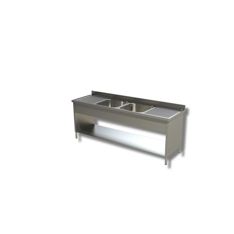 2 bacs de plonge sur placard de rangement ouvert Dim : 140 x 70 x 85 cm 2 bacs de plonge sur placard de rangement ouvert Dim : 140 x 70 x 85 cm
