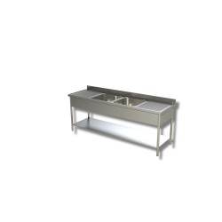 Plonge 2 bacs avec égouttoir à droite et égouttoir à gauche sur une étagère Dim : 220  x  60  x  85  cm