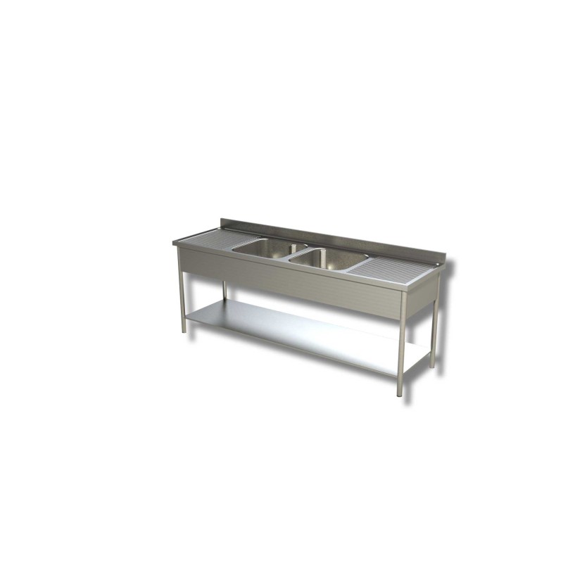 Plonge 2 bacs avec égouttoir à droite et égouttoir à gauche sur une étagère Dim : 220 x 60 x 85 cm Plonge 2 bacs avec égouttoir à droite et égouttoir à gauche sur une étagère Dim : 220 x 60 x 85 cm
