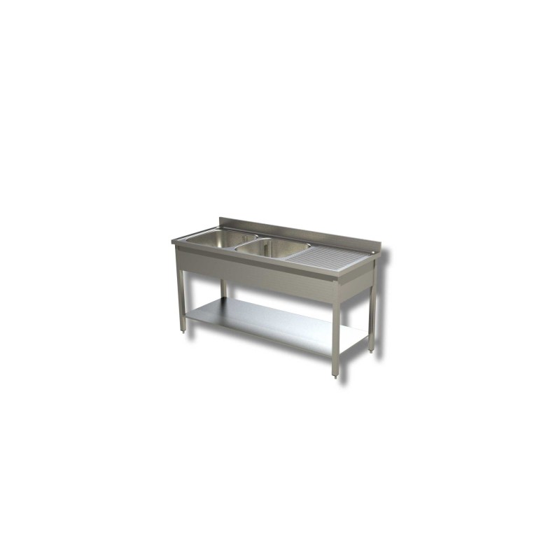 Plonge Inox 2 bacs à droite égouttoir à gauche avec une étagère Dim : 190 x 70 x 85 cm Plonge Inox 2 bacs à droite égouttoir à gauche avec une étagère Dim : 190 x 70 x 85 cm