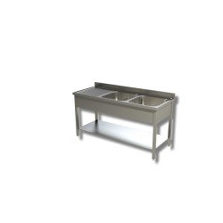 Plonge Inox 2 bacs à gauche égouttoir à droite avec une étagère Dim : 140  x  60  x  85 cm