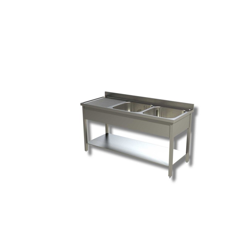 Plonge Inox 2 bacs à gauche égouttoir à droite avec une étagère Dim : 190 x 70 x 85 cm Plonge Inox 2 bacs à gauche égouttoir à droite avec une étagère Dim : 190 x 70 x 85 cm