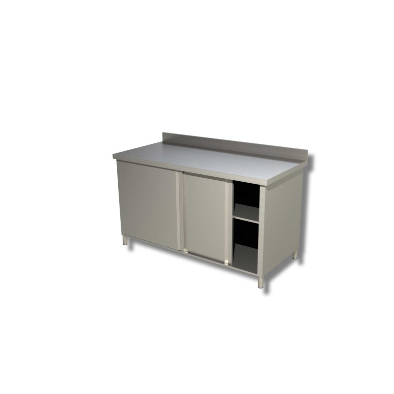 Meuble bas adossé en inox avec 2 niveaux de rangement porte coulissante Dim : 100 x 60 x 85 cm