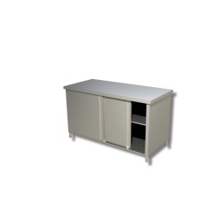 Meuble bas centrale en inox avec 2 Niv. de rangement porte coulissante Dim : 200 x 60 x 85 cm