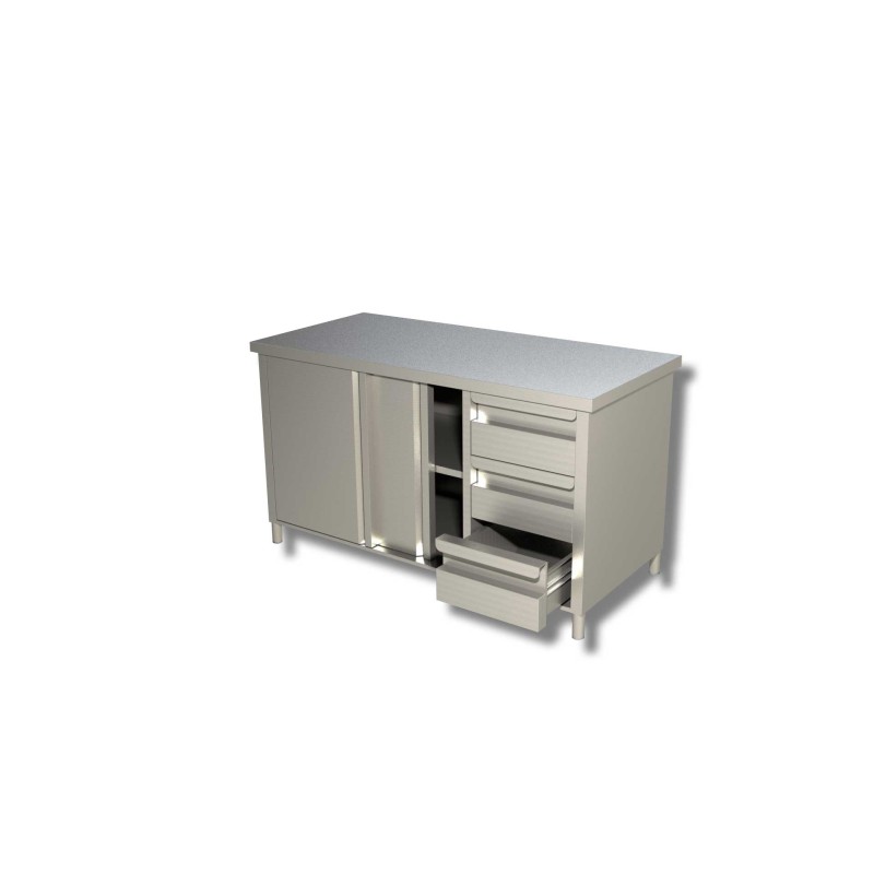 Meuble bas centrale sur placard 2 Niv. de rangement portes coulissantes et 3 tiroirs verticale à droite Dim : 200 x 60 x 85 cm Meuble bas centrale sur placard 2 Niv. de rangement portes coulissantes et 3 tiroirs verticale à droite Dim : 200 x 60 x 85 cm