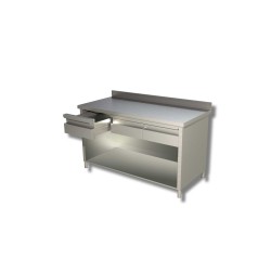 Meuble Bas adossé en Inox avec 2 niveaux de rangements et 3 tiroirs horizontales – Ouverte Dim : 140 x 70 x 85 cm