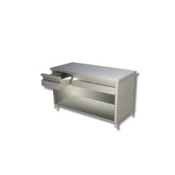 Meuble Bas centrale en Inox avec 2 Niv. de rangements et 3 tiroirs horizontales – Ouverte Dim : 180 x 70 x 85 cm