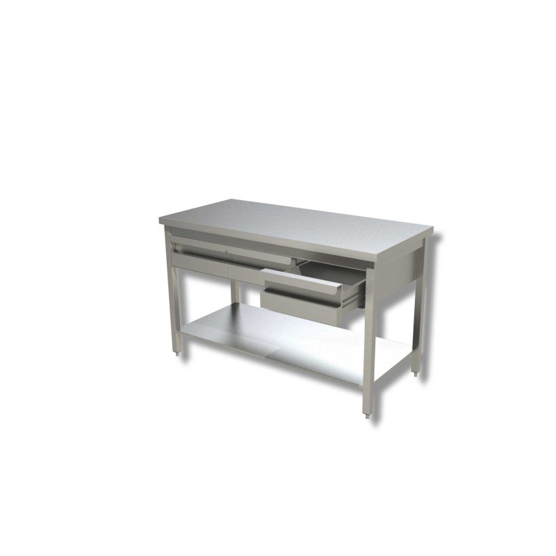 Table Inox centrale avec une étagère et 3 tiroirs horizontales AISI 304 Dim : 100 x 60 x 85 cm Table Inox centrale avec une étagère et 3 tiroirs horizontales AISI 304 Dim : 100 x 60 x 85 cm
